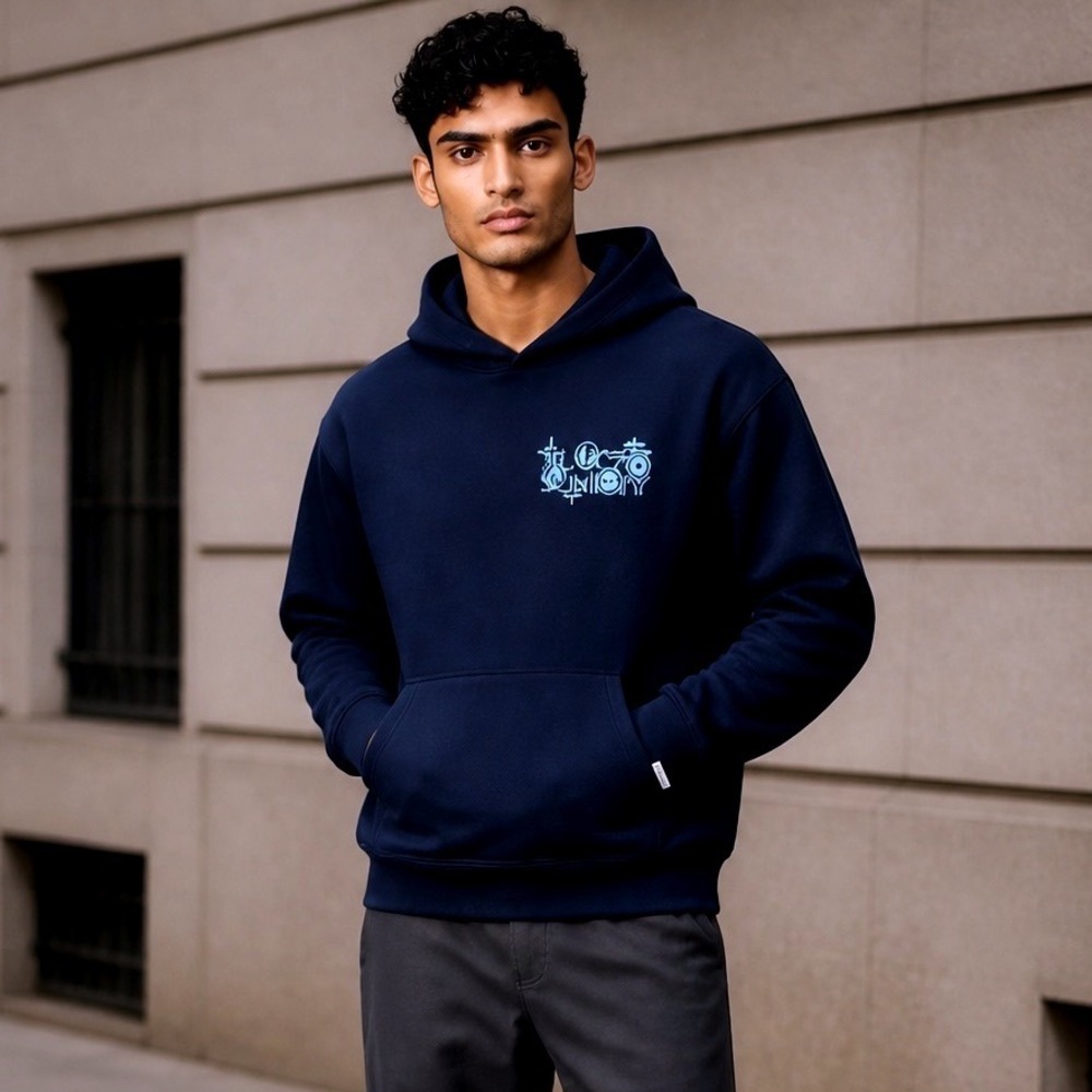 Almost Someday Navy Blue Graphic Hoodie Mens Medium Star Streetwear Sweatshirt